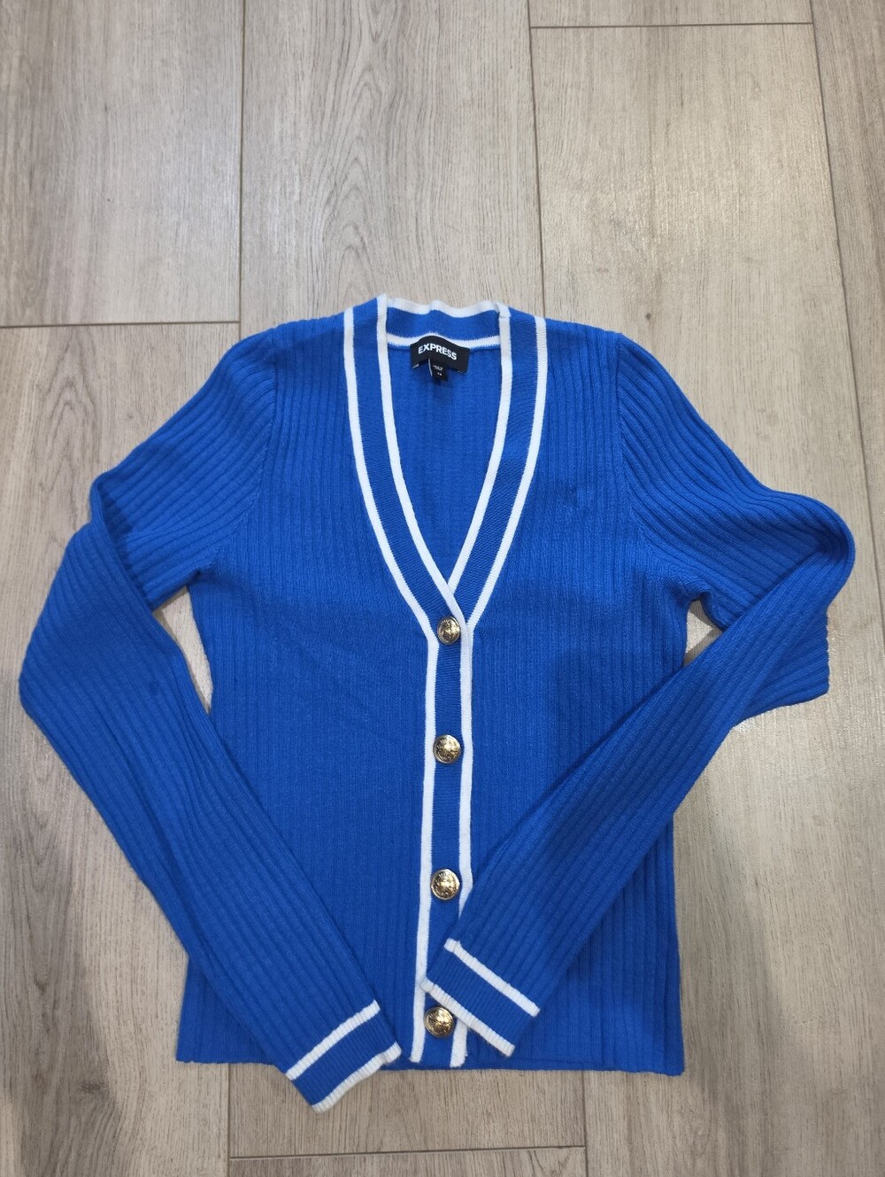 Express Ribbed Varsity Cardigan Sweater Blue White Gold Button XS